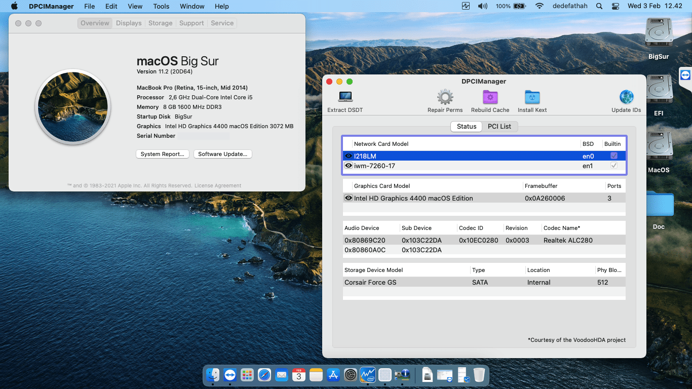 Success Hackintosh macOS Big Sur 11.2 Build 20D64 at HP Elitebook Folio 9480M